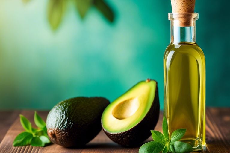 Bottle of avocado oil with fresh avocado on wooden table.