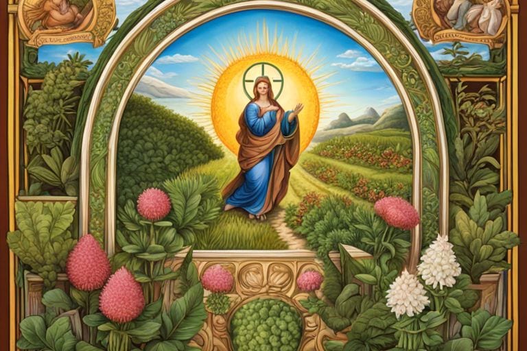 Religious artwork depicting a saint in a garden setting.